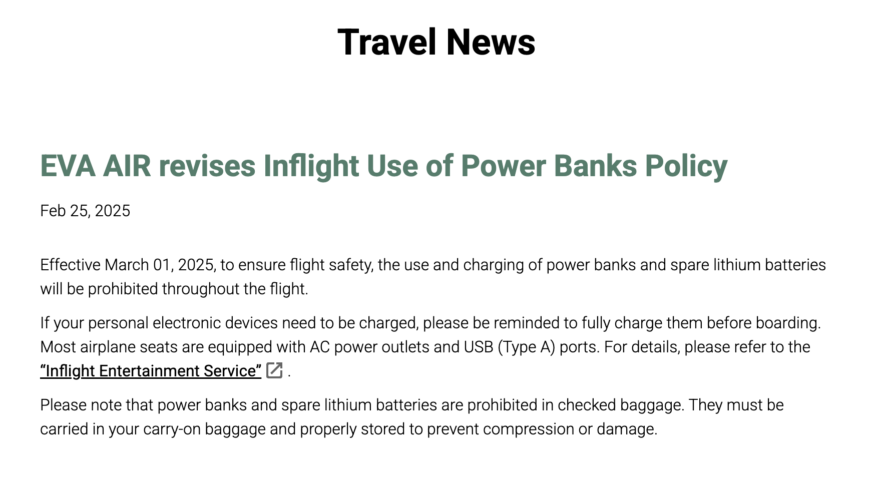 EVA Air's new restriction on battery banks onboard.